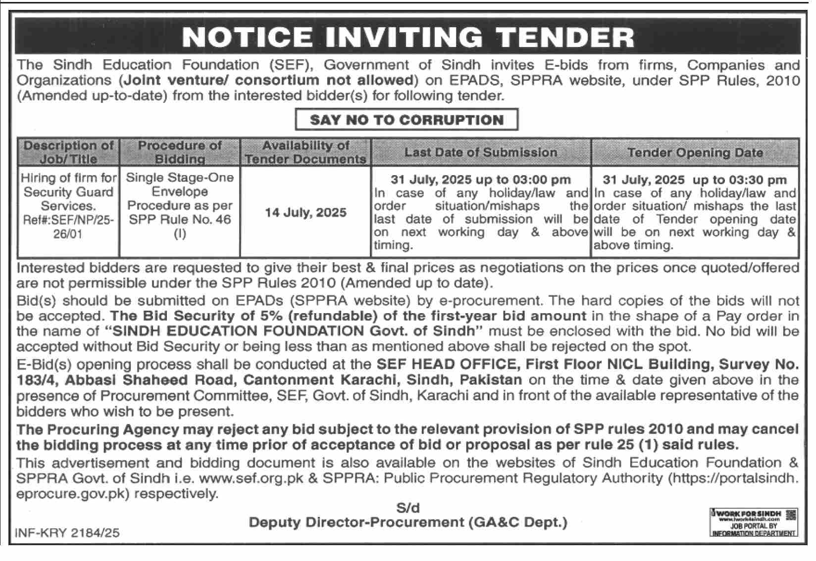 The Sindh Education Foundation Tender Notice